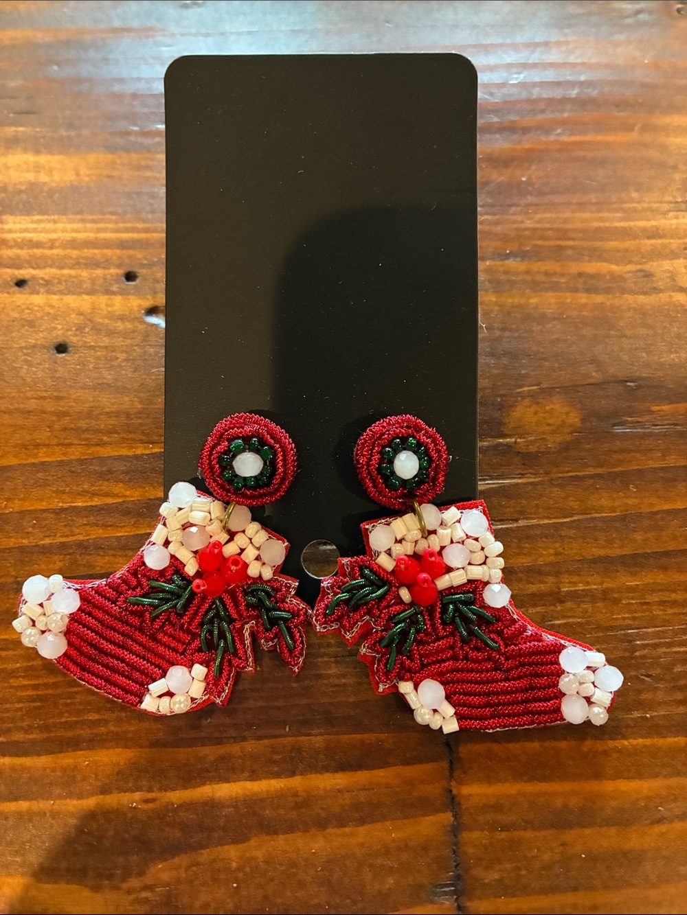 Festive Red Beaded Holiday Stocking Earrings